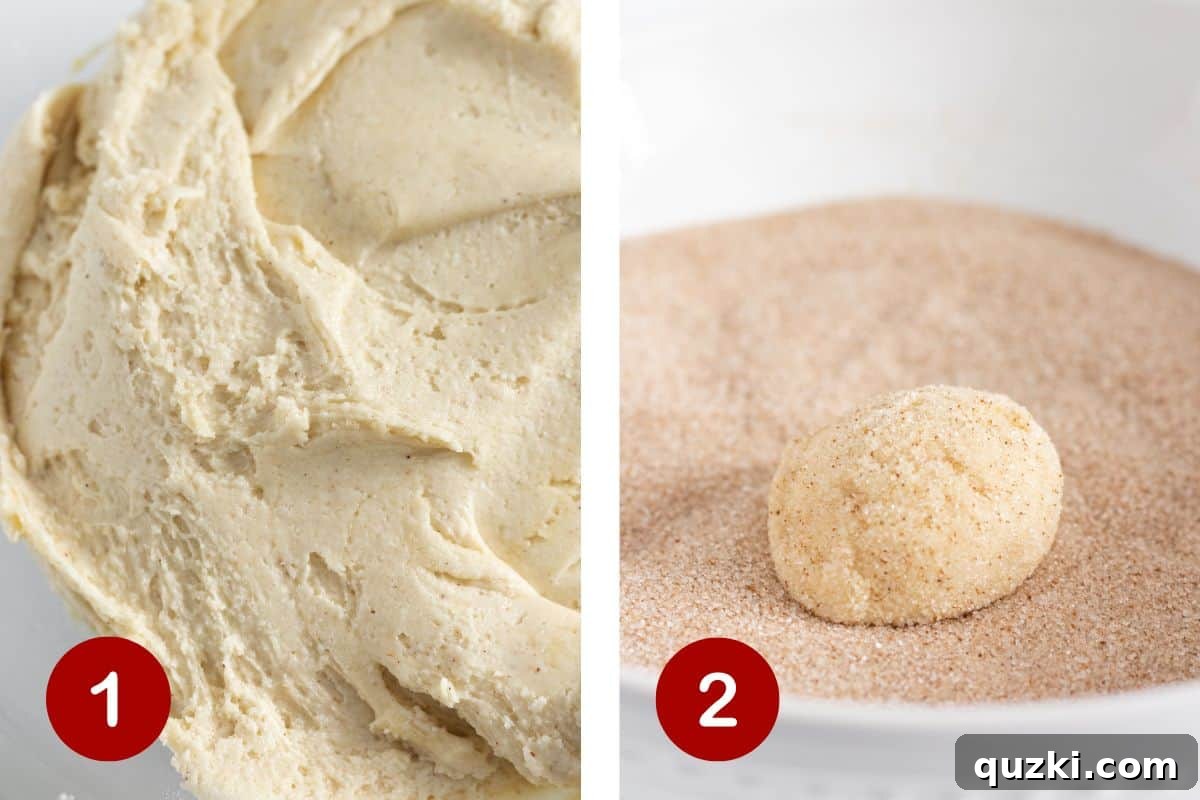 Ultimate Churro Cookies 4 Two images side by side: one showing cookie dough being mixed in a bowl, and the other showing a scooped cookie dough ball being rolled in cinnamon sugar.