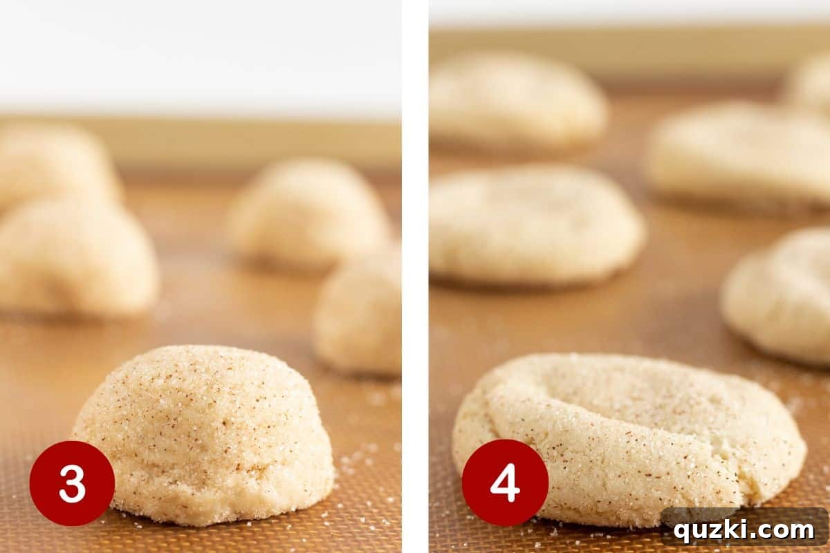 Ultimate Churro Cookies 5 Two images side by side: one showing cookie dough balls placed on a baking sheet, and the other showing baked cookies on the sheet, golden and ready.