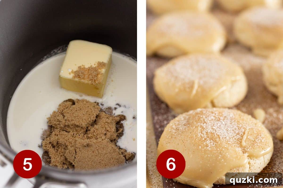 Ultimate Churro Cookies 6 Two images side by side: one showing caramel glaze being made in a saucepan, and the other showing finished churro cookies being topped with the caramel glaze and cinnamon sugar.