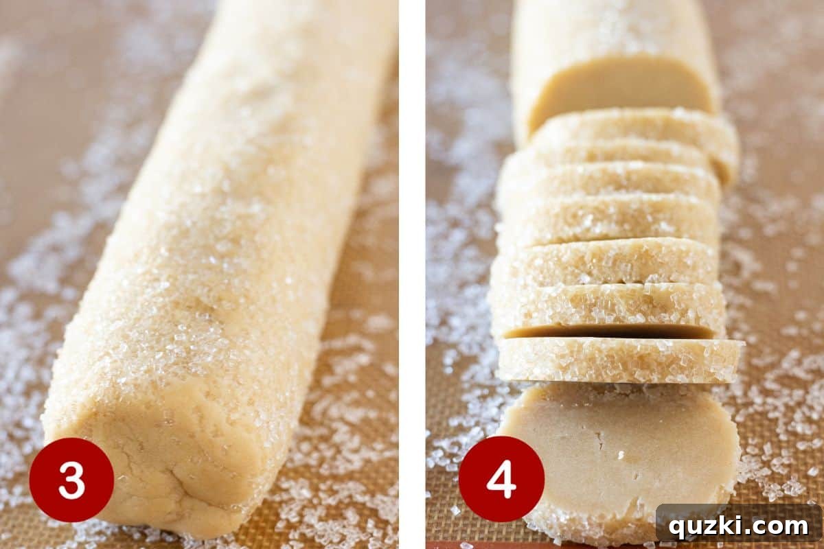 Brown Sugar Shortbread Delight 4 Illustrations for steps 3 and 4 of making brown sugar shortbread: step 3 depicts rolling the dough log in sanding sugar and then refrigerating it, while step 4 shows the chilled log being cut into individual cookie rounds.
