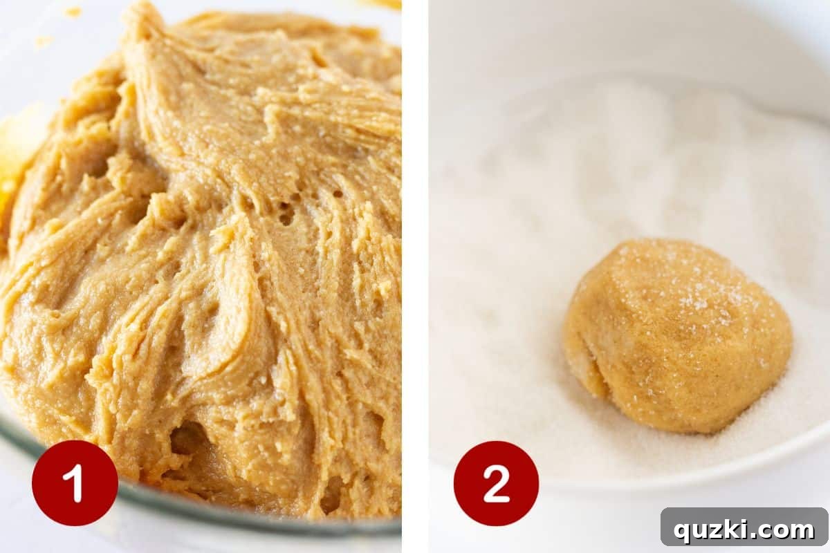 Two images side-by-side. The first shows ingredients being mixed in a bowl to form cookie dough. The second shows dough balls being rolled in granulated sugar.