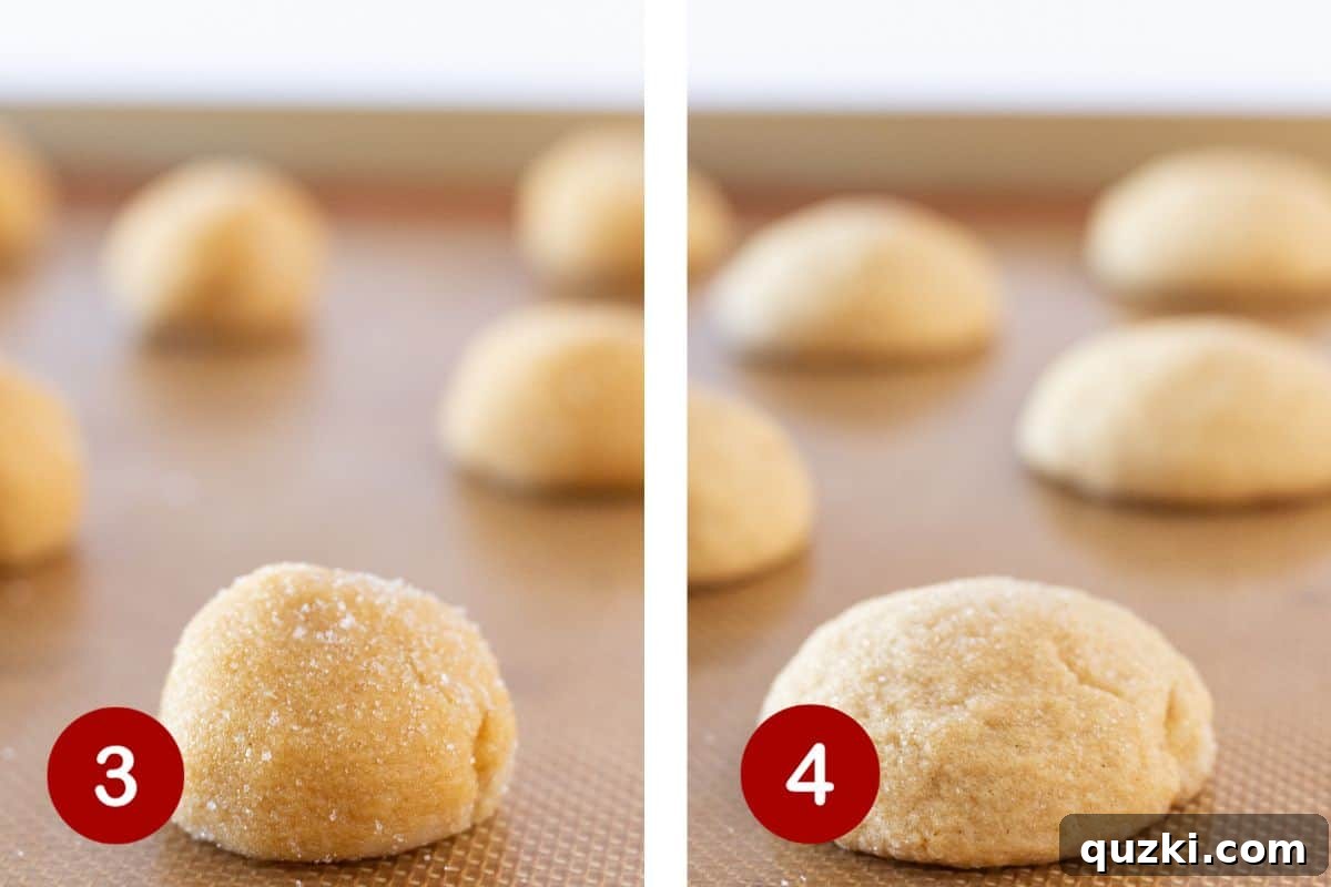 Two images side-by-side. The first shows sugar-coated cookie dough balls arranged on a baking sheet. The second shows the cookies baked and slightly risen, still on the baking sheet.