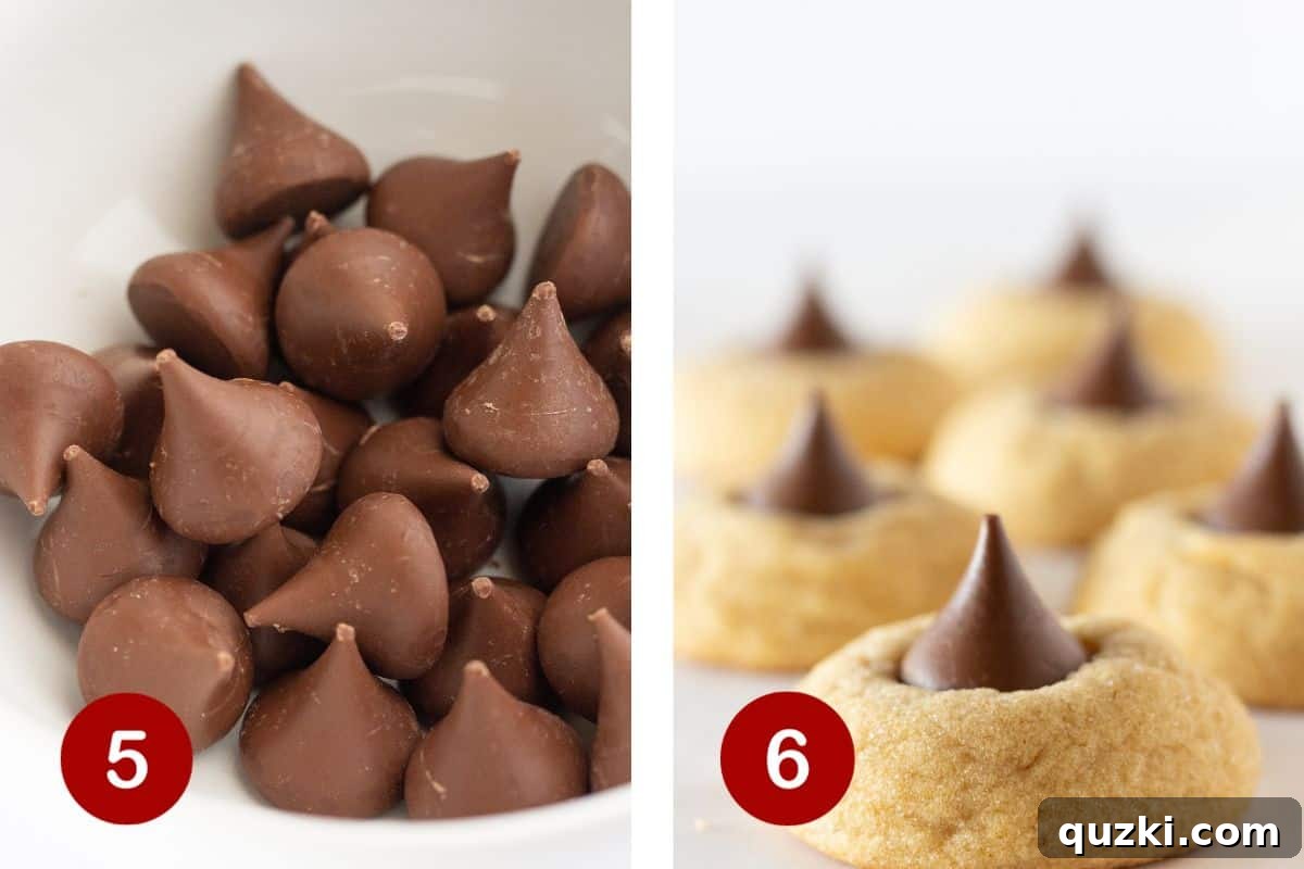 Two images side-by-side. The first shows unwrapped Hershey's Kisses ready. The second shows Hershey's Kisses being pressed into the center of warm peanut butter cookies.