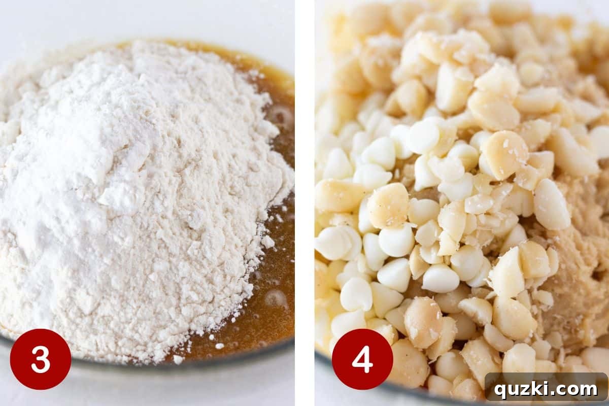 Making white chocolate and macadamia nut cookie dough.