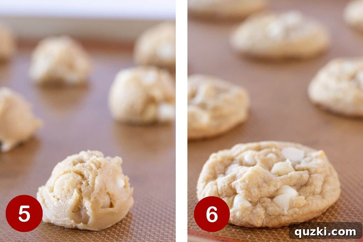Scooping and baking macadamia nut cookies with white chocolate chips.