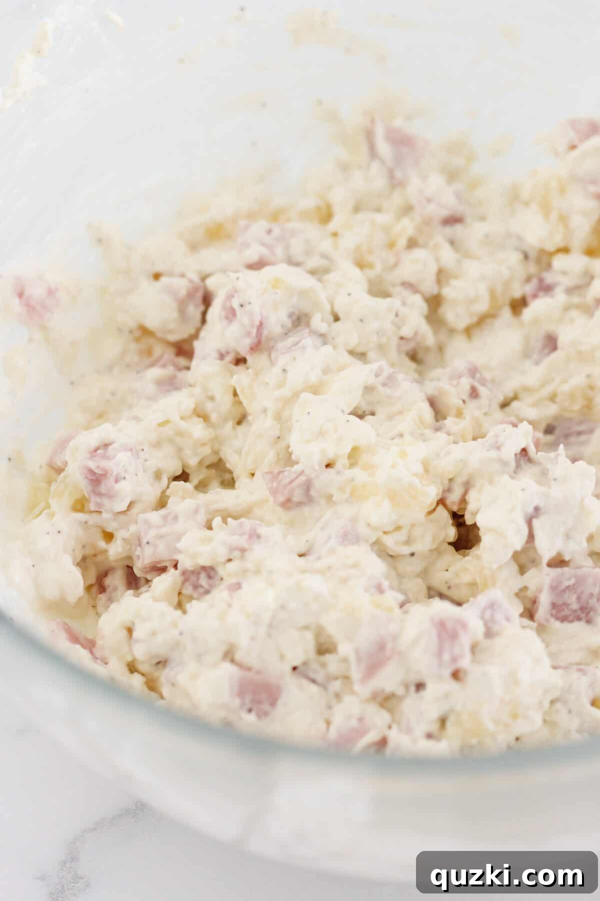 Effortless Hawaiian Ham Dip 6 The finished Hawaiian dip in a bowl.
