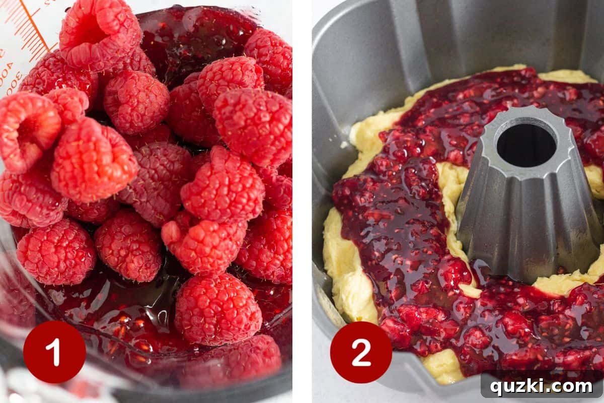 Raspberry jam with raspberries and layering cake mix and raspberries.