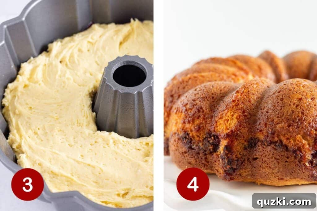 Topping raspberry filling with cake batter.  Turn baked cake out of pan.
