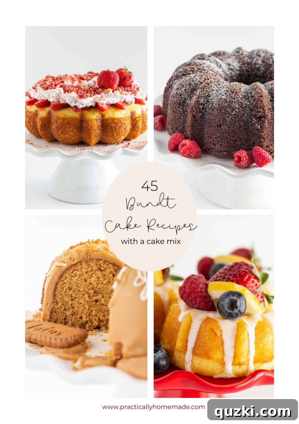 45 Simple & Stunning Cake Mix Bundt Cake Recipes 2 A collage of 4 of the bundt cake recipes featured in this post.