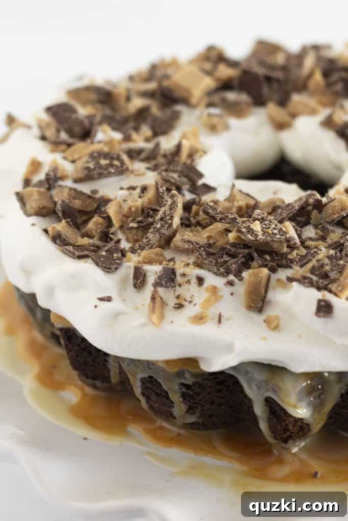45 Simple & Stunning Cake Mix Bundt Cake Recipes 15 A finished Better Than Anything Cake with whipped topping and chopped candy bar.