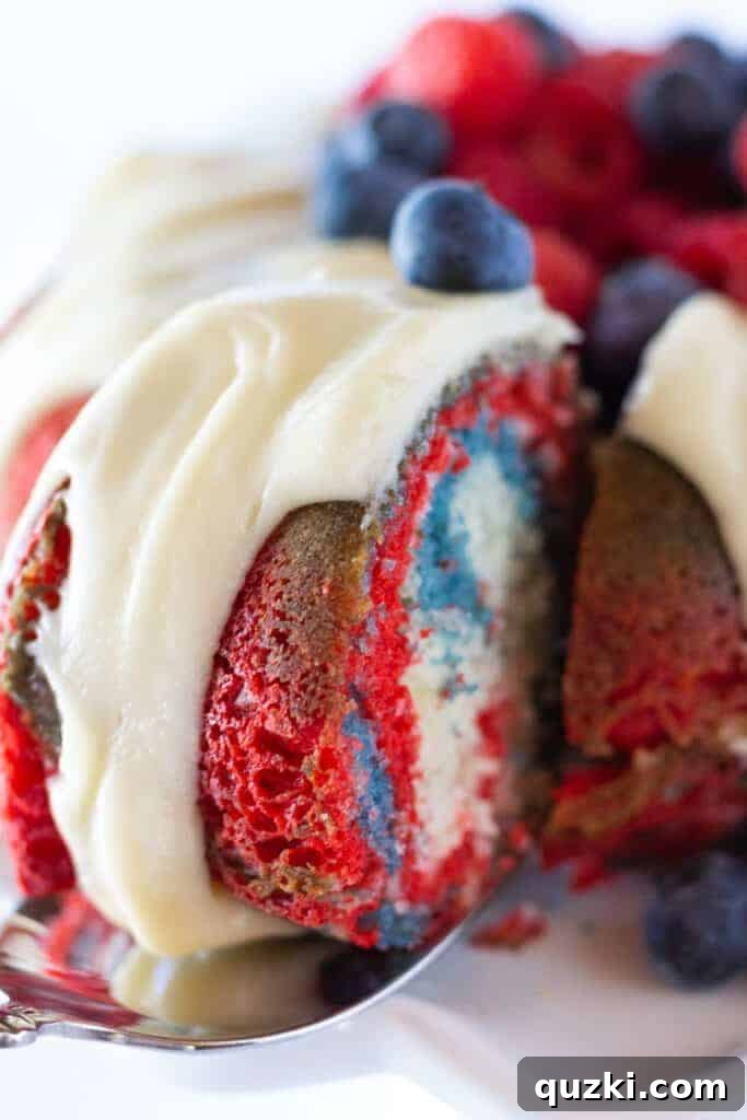 45 Simple & Stunning Cake Mix Bundt Cake Recipes 24 Red White and Blue Velvet Bundt Cake Recipe with a Cake Mix, an Easy 4th of July Dessert Idea featured by top US dessert blogger, Practically Homemade