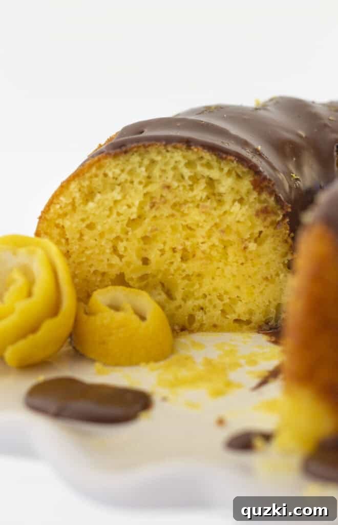 45 Simple & Stunning Cake Mix Bundt Cake Recipes 30 The inside of a chocolate and lemon cake after serving a few pieces.