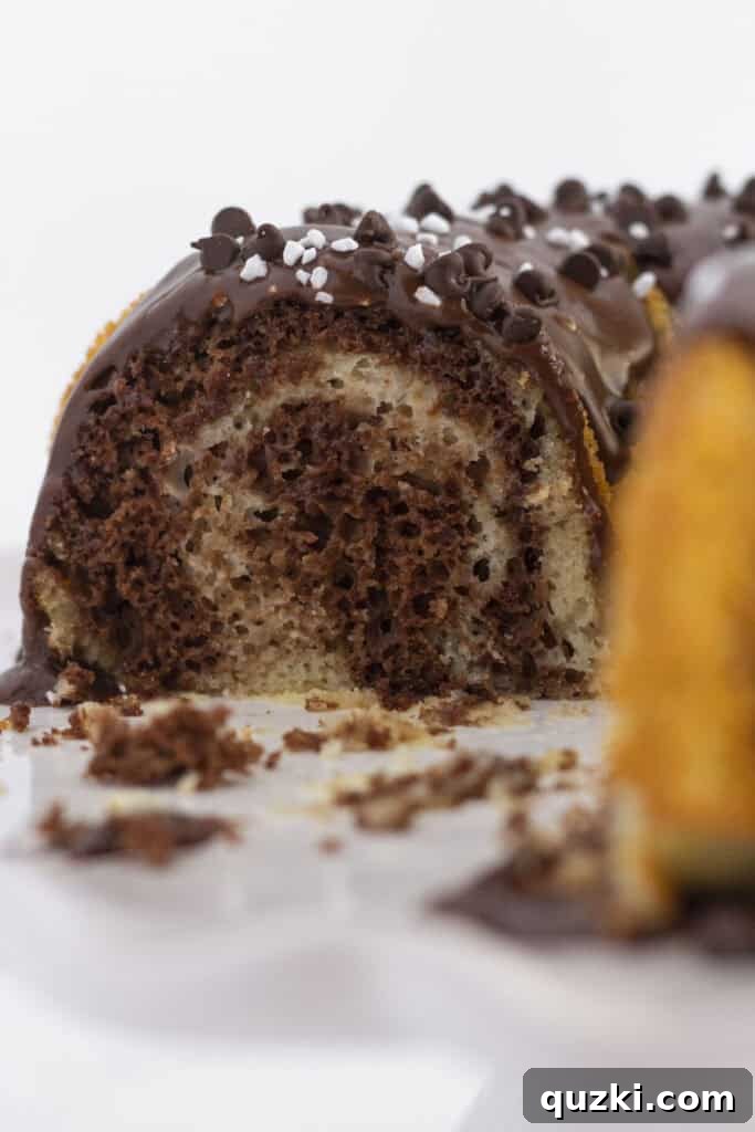 45 Simple & Stunning Cake Mix Bundt Cake Recipes 32 Looking into the middle of a chocolate and vanilla marble cake.