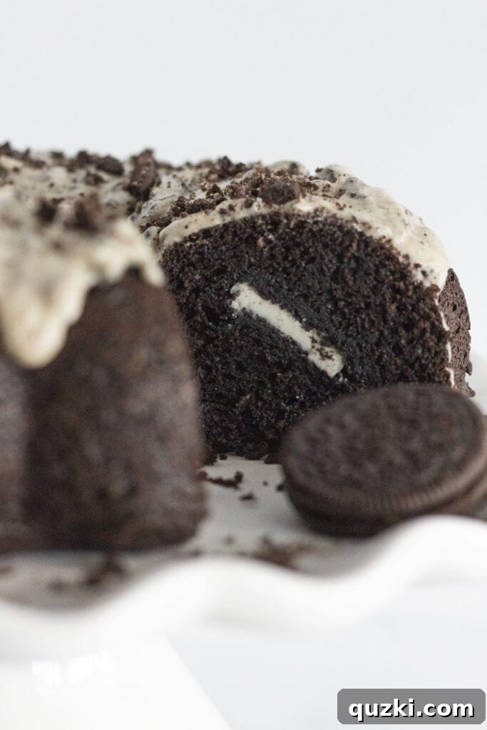 45 Simple & Stunning Cake Mix Bundt Cake Recipes 33 Looking at the inside of an Oreo Bundt Cake recipe.