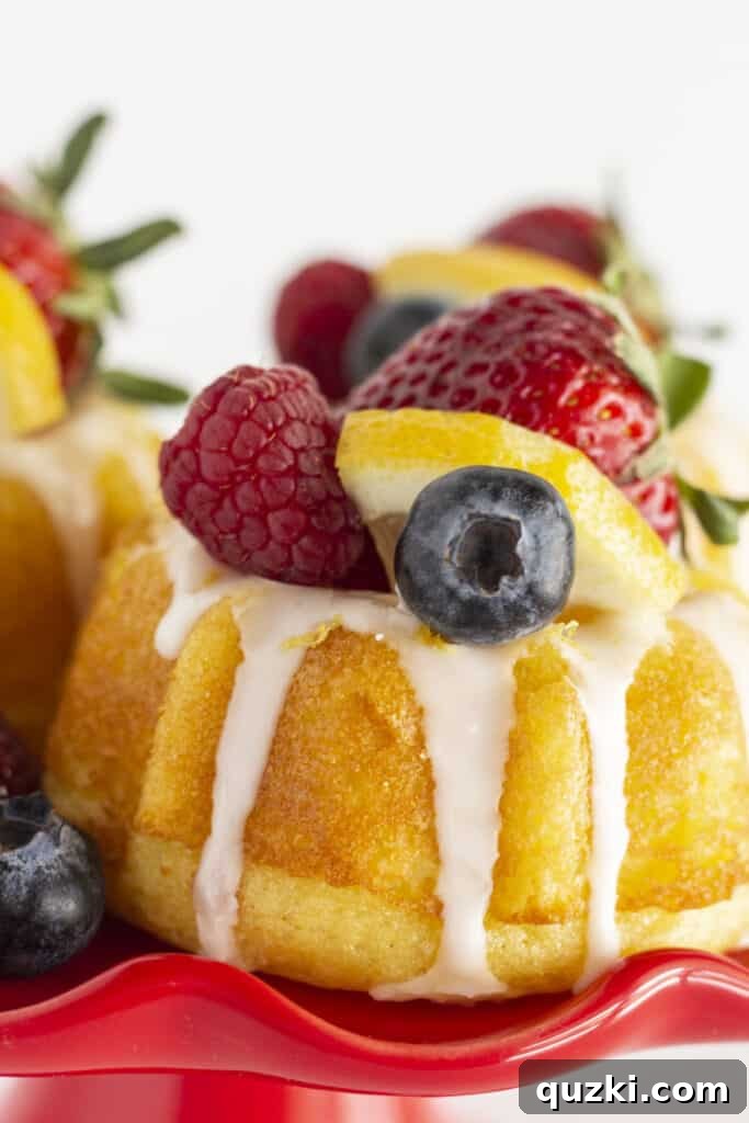 45 Simple & Stunning Cake Mix Bundt Cake Recipes 38 Mini lemon bundt cakes on a red cake plate with fresh fruit.