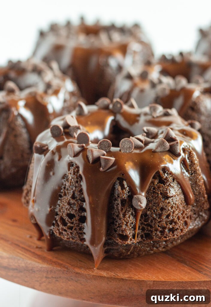 45 Simple & Stunning Cake Mix Bundt Cake Recipes 42 Mini chocolate bundt cakes on a wood tray.