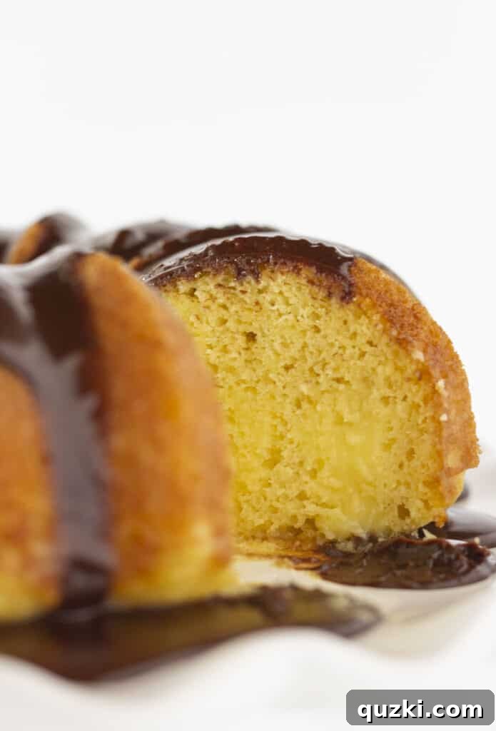 45 Simple & Stunning Cake Mix Bundt Cake Recipes 46 Looking at the inside of a Boston Cream Pie Bundt Cake.