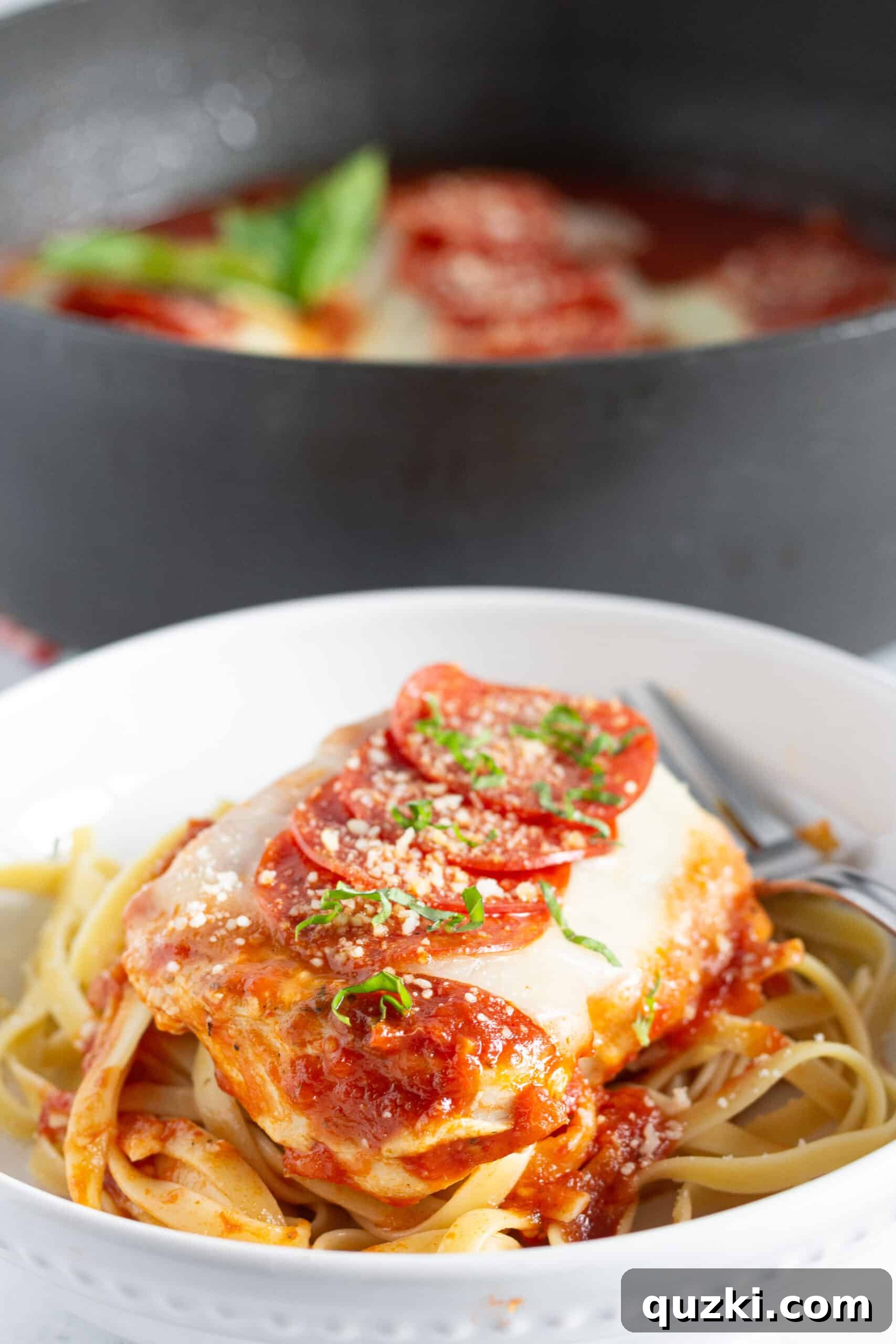 Pepperoni Pizza Chicken Skillet on a white plate.