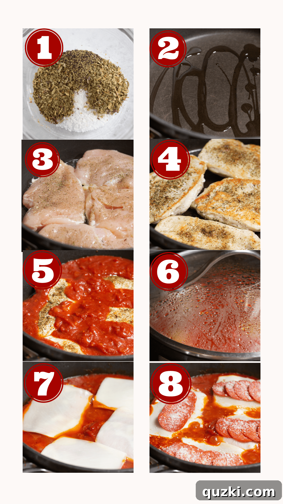 8 steps for making pepperoni pizza skillet.