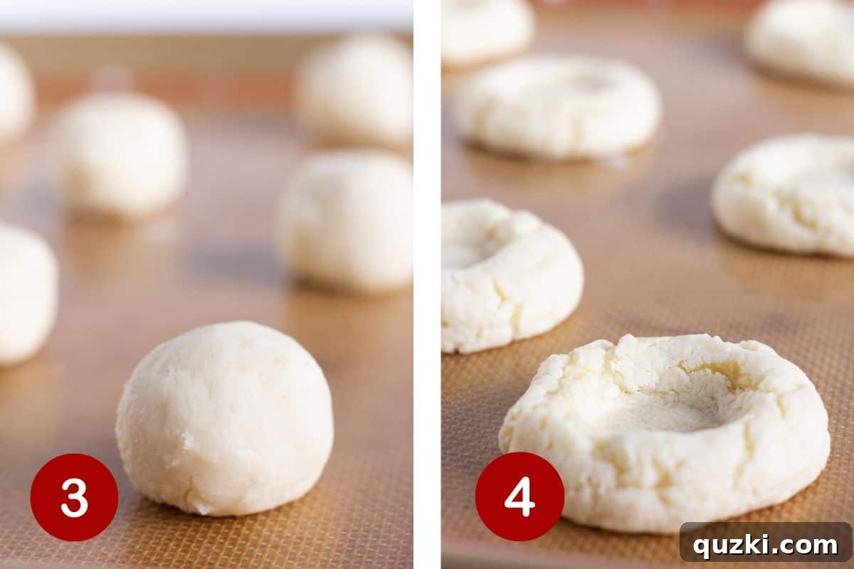 Zesty Lemon Curd Cookies 5 A two-part image showing raw cookie dough being rolled into balls and then baked cookies with indentations for filling.