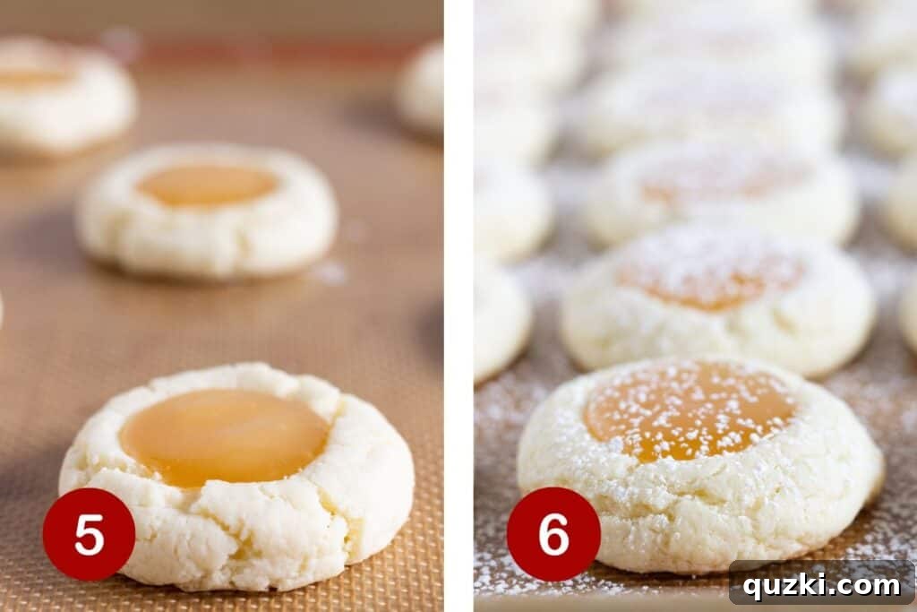 Zesty Lemon Curd Cookies 6 Two images side-by-side, one showing warm cookies being filled with lemon curd, the other showing finished cookies dusted with powdered sugar.