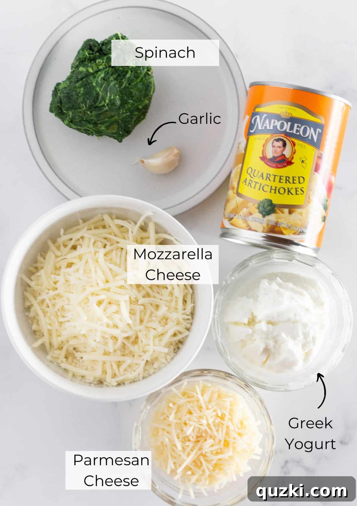 Ingredients needed to make Spinach and Artichoke dip.