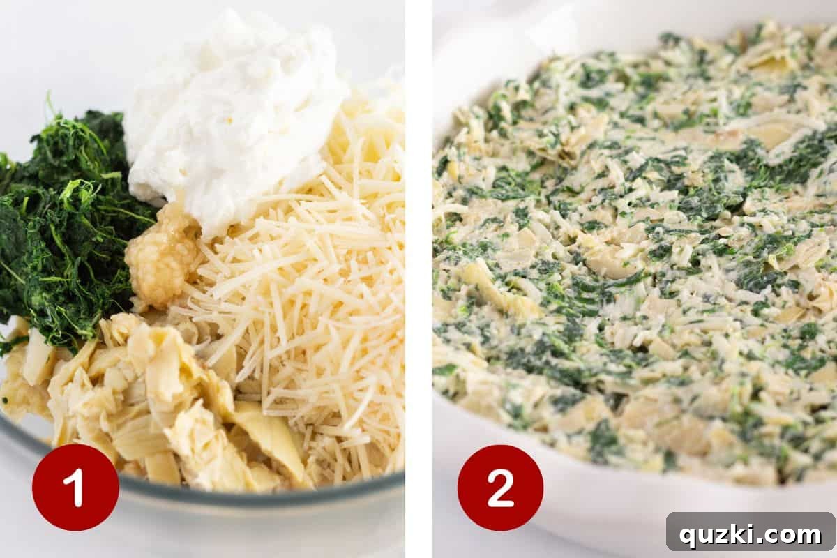 Combining the spinach and artichoke dip ingredients and pouring it into a prepared dish.