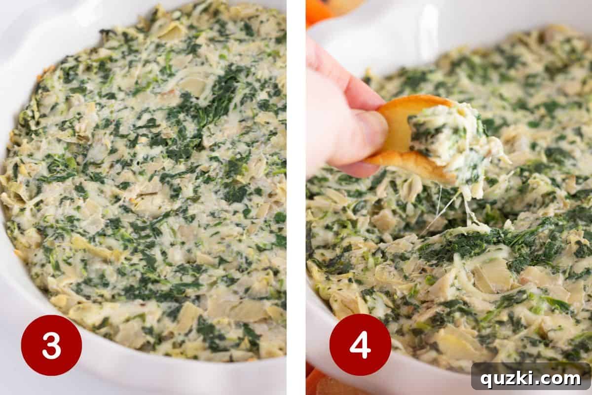 Baking the spinach and artichoke dip and serving with crackers.