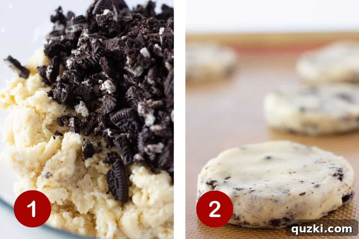 The initial steps of making cookies and cream cookies are shown. Image 1 displays the cookie dough mixed with coarsely chopped Oreo pieces. Image 2 shows the dough shaped into thick, round discs on a baking sheet.