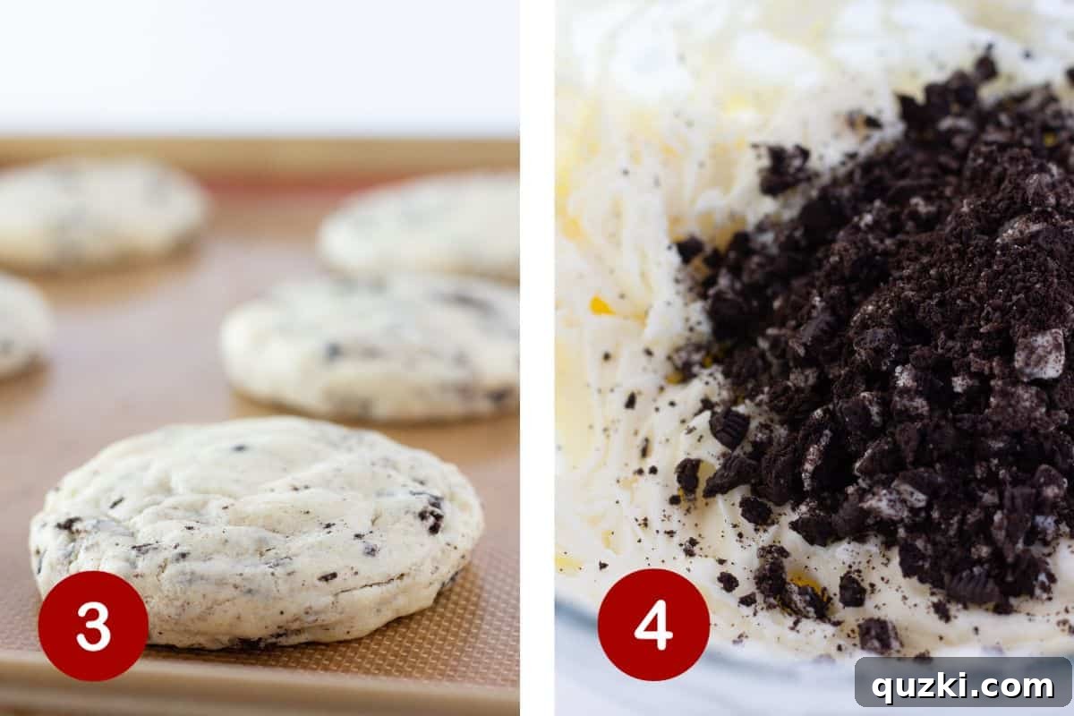 The middle steps of making Crumbl copycat cookies. Image 3 shows the baked cookies cooling on a baking sheet. Image 4 displays the creamy frosting in a bowl, with finely chopped Oreos mixed in.