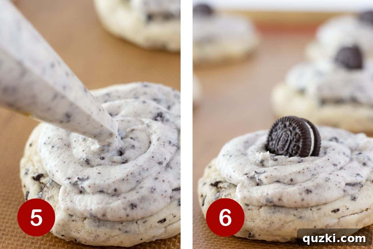 The final steps of making cookies and cream cookies. Image 5 shows creamy frosting being generously applied to the top of a cookie. Image 6 displays the finished cookie topped with a mini Oreo.