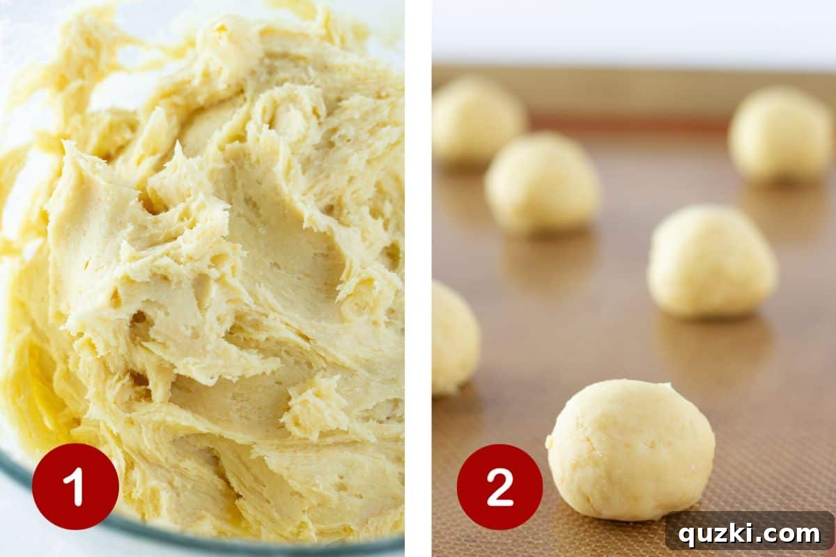 Golden Yellow Cake Mix Thumbprint Gems 3 Step-by-step image showing the initial stages of making thumbprint cookies with a cake mix. The first part depicts the smooth cookie dough after mixing, and the second shows the dough neatly rolled into uniform balls on a baking sheet.