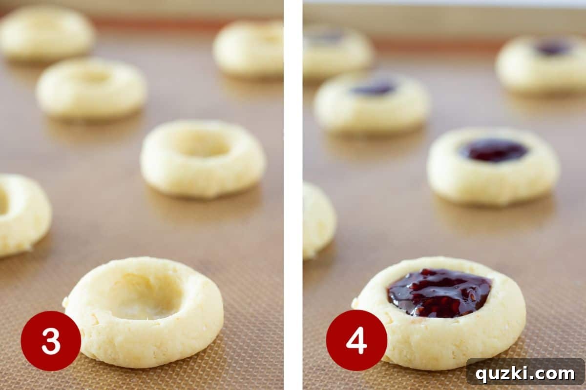 Golden Yellow Cake Mix Thumbprint Gems 4 Step-by-step image demonstrating how to create indentations in the cookie dough balls and then meticulously fill each well with vibrant raspberry jam.