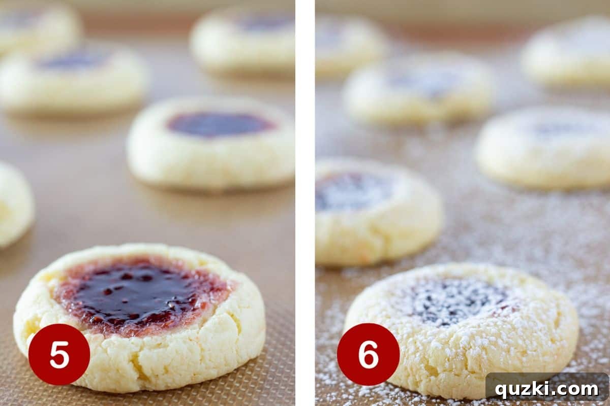 Golden Yellow Cake Mix Thumbprint Gems 5 Step-by-step image showing the final stages of making yellow cake mix thumbprint cookies: first, the cookies are baked until golden, and then they are dusted with a delicate layer of powdered sugar.