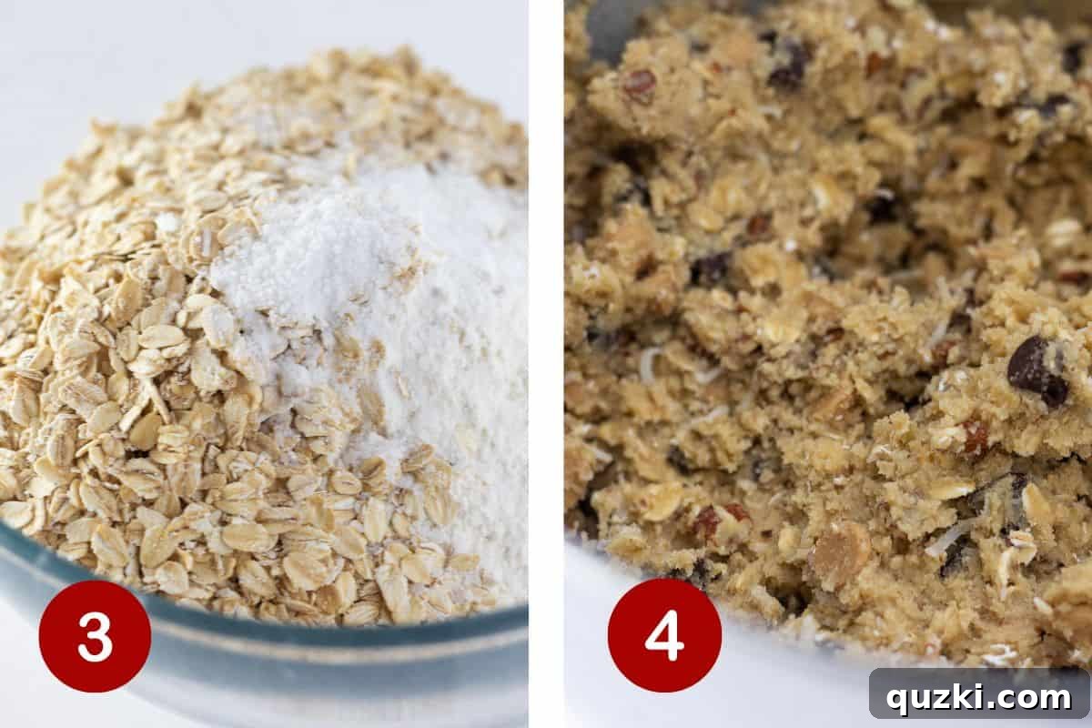 Rancher's Favorite Chewy Cowboy Cookies 6 The finished Cowboy Cookie dough, rich with oats, nuts, coconut, and chips, ready for scooping and baking.
