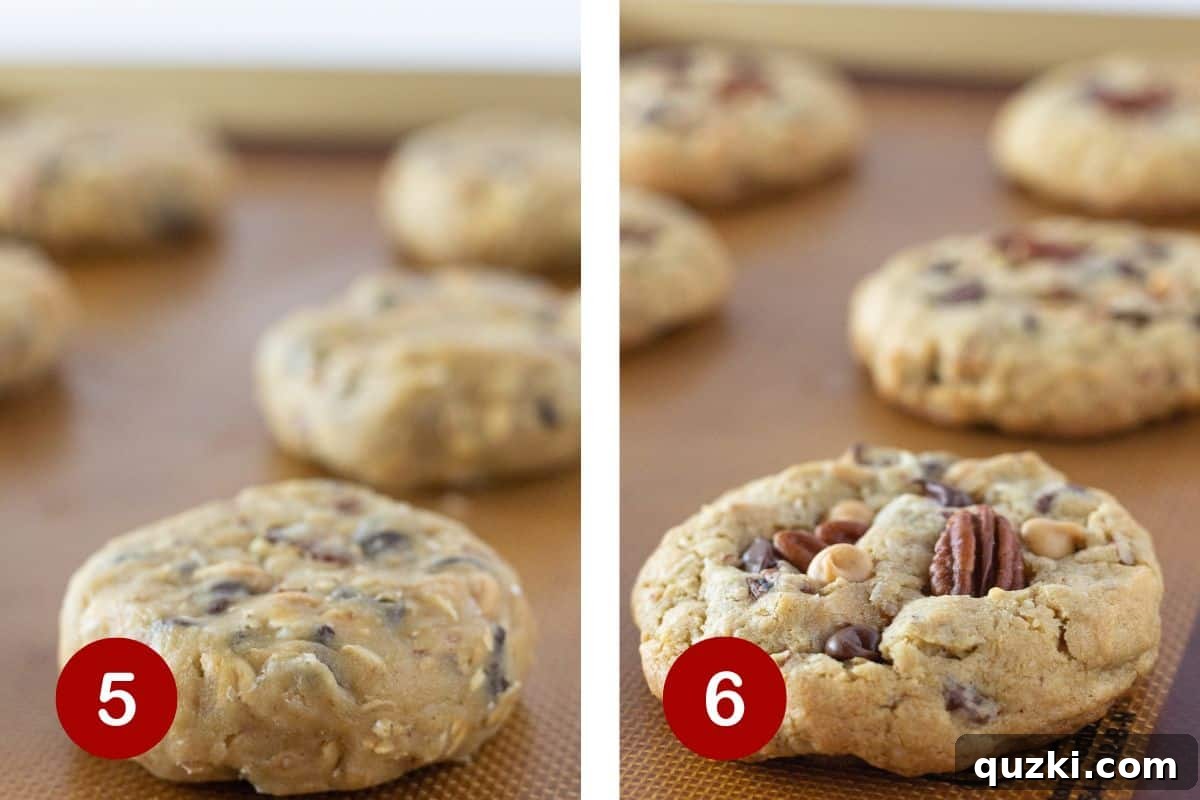Rancher's Favorite Chewy Cowboy Cookies 7 Hand scooping Cowboy Cookie dough onto a silicone mat lined baking sheet, ready for the oven.