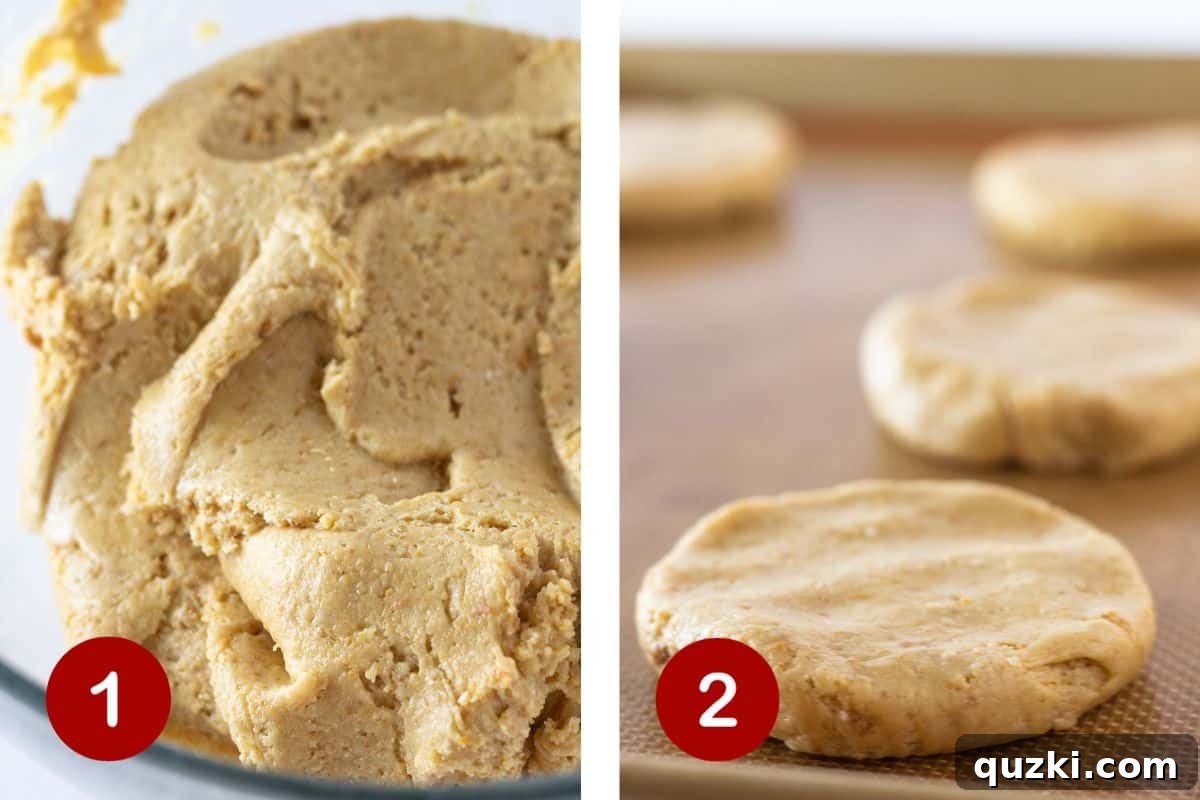Step-by-step visuals showing the preparation of the cookie dough and the formation of large cookie discs on a baking sheet.