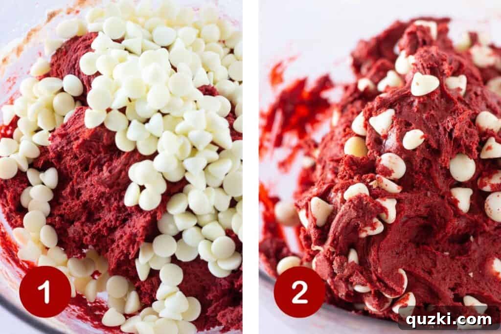 Steps 1 and 2 of making red velvet white chocolate cookies. Step 1: combine ingredients to make dough. Step 2: stir white chocolate chips into dough.
