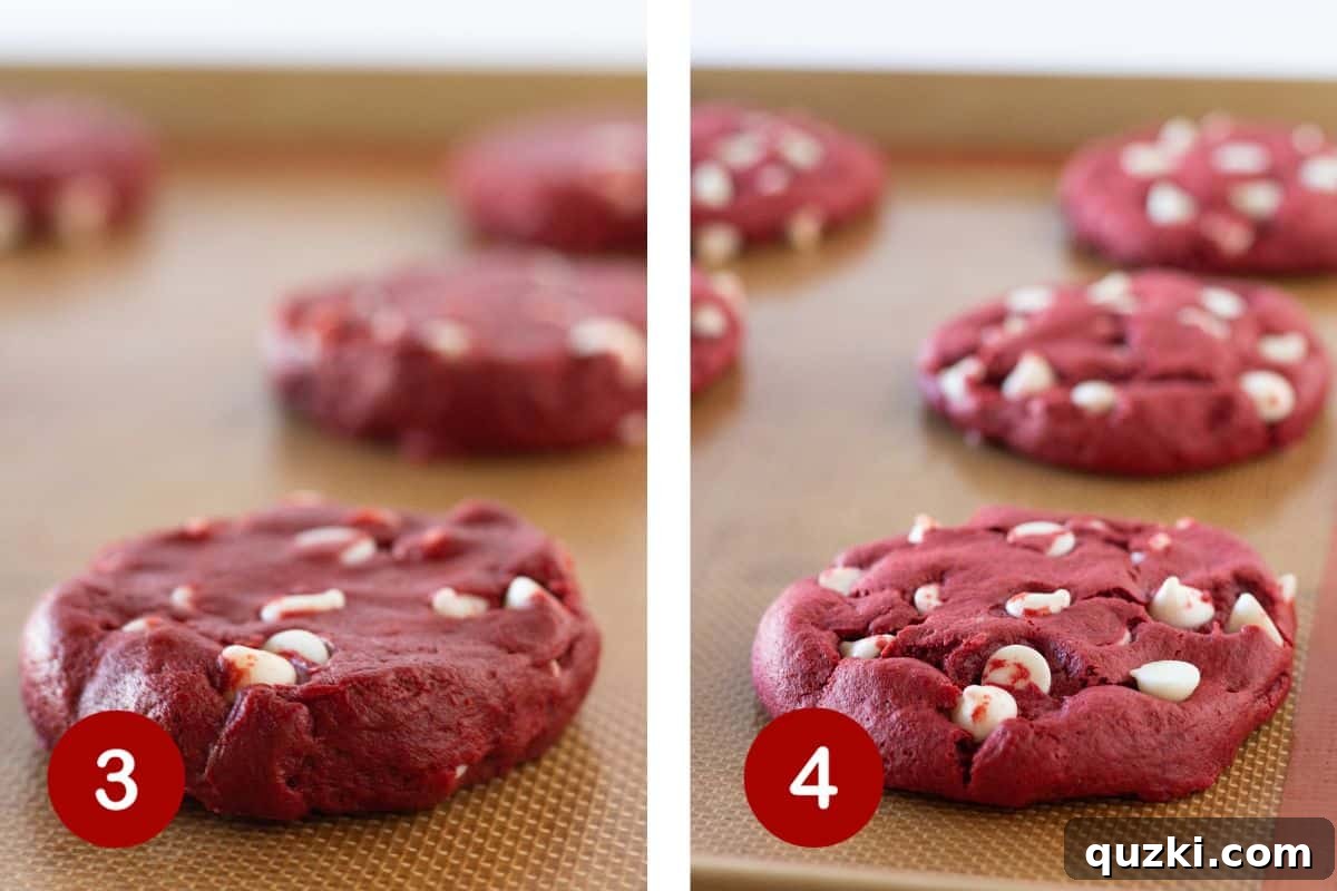 Steps 3 and 4 of making red velvet Crumbl cookies. Step 3: form dough into thick discs and place on baking sheet. Step 4: baked cookies cooling on a baking sheet.