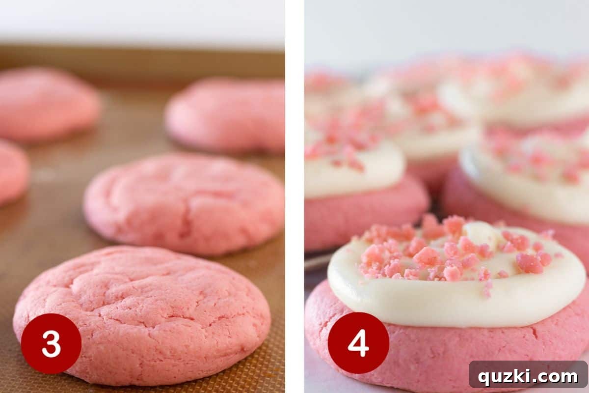 Steps 3 and 4 for pink velvet cookies. 3, bake cookies. 4, make frosting and add to cookies.