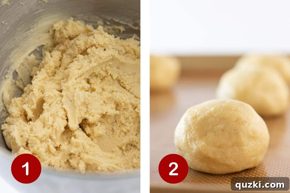 Two images side by side. Left shows cookie dough being mixed. Right shows portioned cookie dough balls on a baking sheet.