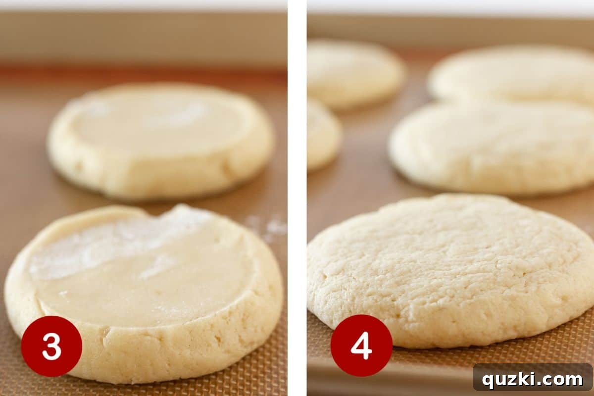Two images side by side. Left shows flattened cookie dough discs on a baking sheet. Right shows baked cookies fresh from the oven, still on the baking sheet.