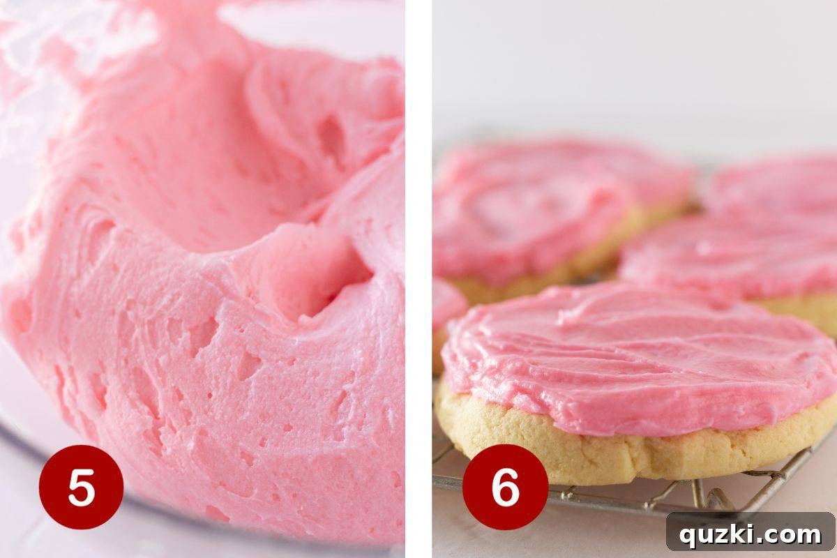 Two images side by side. Left shows pink frosting being prepared in a mixer. Right shows finished Crumbl copycat chilled sugar cookies with pink frosting.