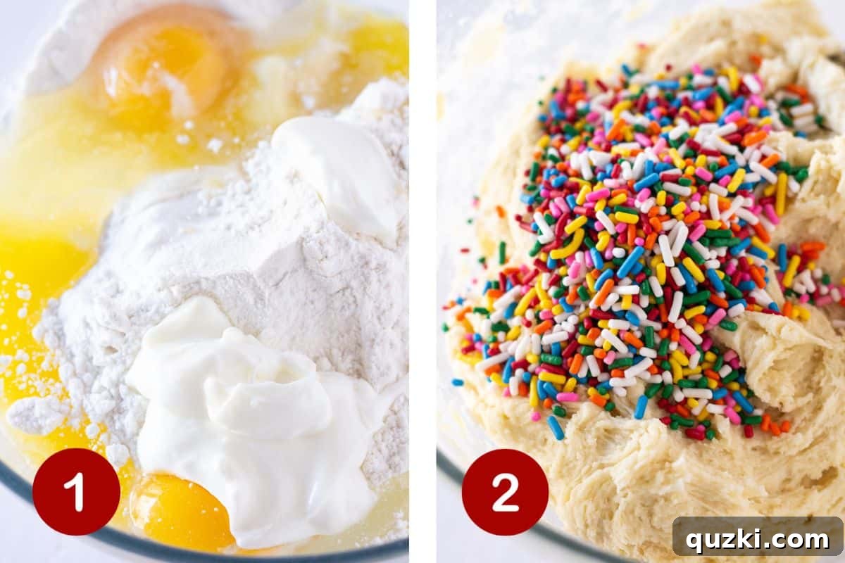 Cake Mix Copycat Crumbl Birthday Cake Cookies 3 Steps 1 and 2 of making birthday cake cookies: First, create the vibrant dough, then gently fold in colorful sprinkles.