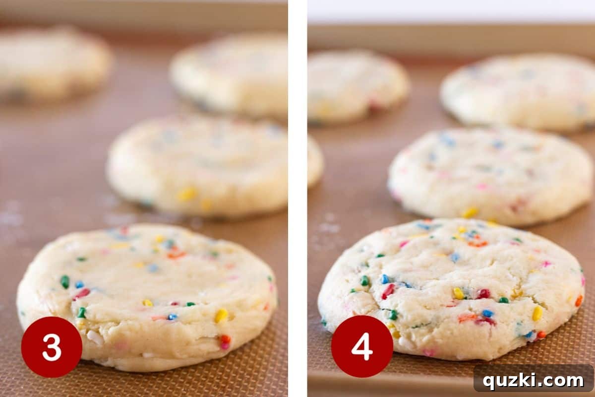 Cake Mix Copycat Crumbl Birthday Cake Cookies 4 Steps 3 and 4 of making cake mix birthday cookies: Form uniform cookie dough discs and then bake until golden.