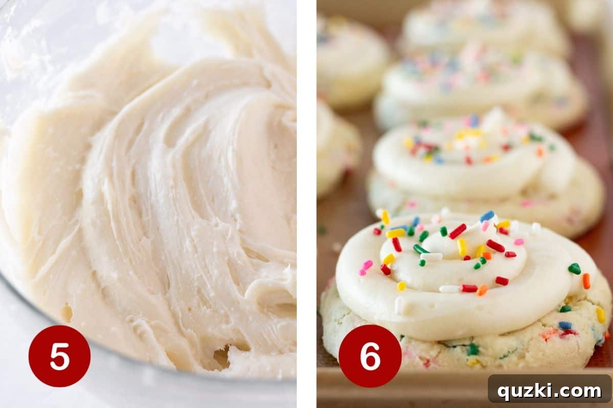 Cake Mix Copycat Crumbl Birthday Cake Cookies 5 Steps 5 and 6 of making birthday cake cookies: First, prepare the luscious frosting, then artistically frost each cookie.
