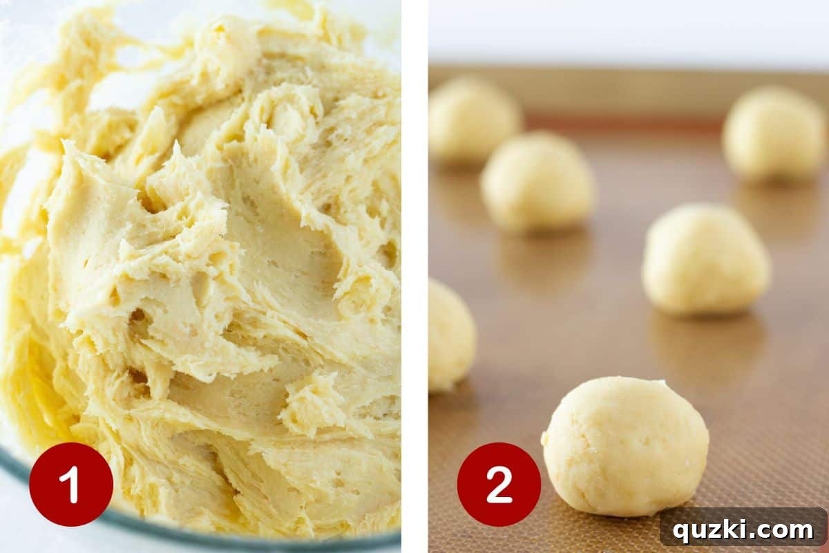 Quick-Bake Cadbury Mini Egg Cookies 4 Two sequential images demonstrating the initial steps of making Cadbury Mini Egg Cookies. The first image shows the cookie dough being mixed in a bowl, highlighting its creamy texture. The second image captures neatly scooped and rolled cookie dough balls placed on a baking sheet, ready for the oven.