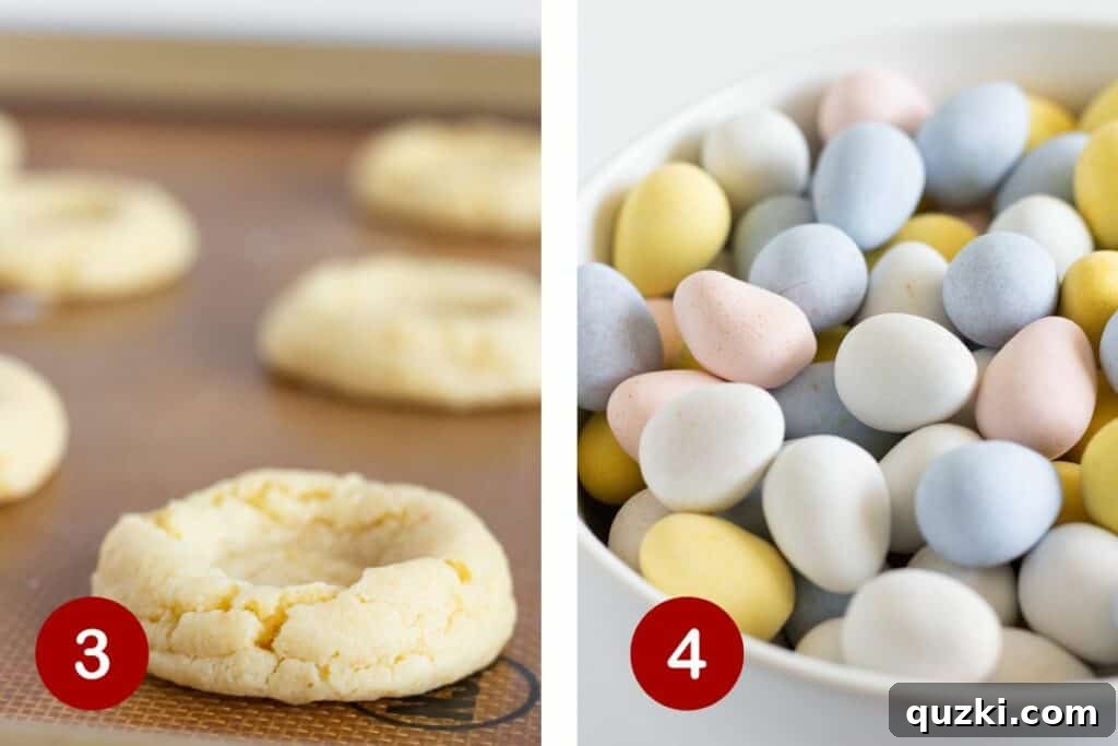 Quick-Bake Cadbury Mini Egg Cookies 5 Two sequential images detailing the mid-baking and preparation stages for Cadbury Mini Egg Cookies. The first image shows freshly baked cookies with thumbprint indentations cooling on a baking sheet. The second image presents a colorful pile of Mini Cadbury Eggs, neatly arranged and ready to be used as toppings.