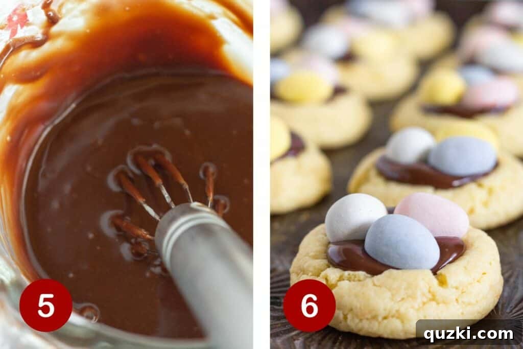 Quick-Bake Cadbury Mini Egg Cookies 6 Two sequential images illustrating the final steps of creating Cadbury Mini Egg Cookies. The first image depicts a microwave-safe bowl with melting chocolate chips and heavy cream, being whisked to form smooth ganache. The second image shows finished cookies on a baking sheet, each filled with chocolate ganache and topped with three colorful Mini Cadbury Eggs, awaiting setting.