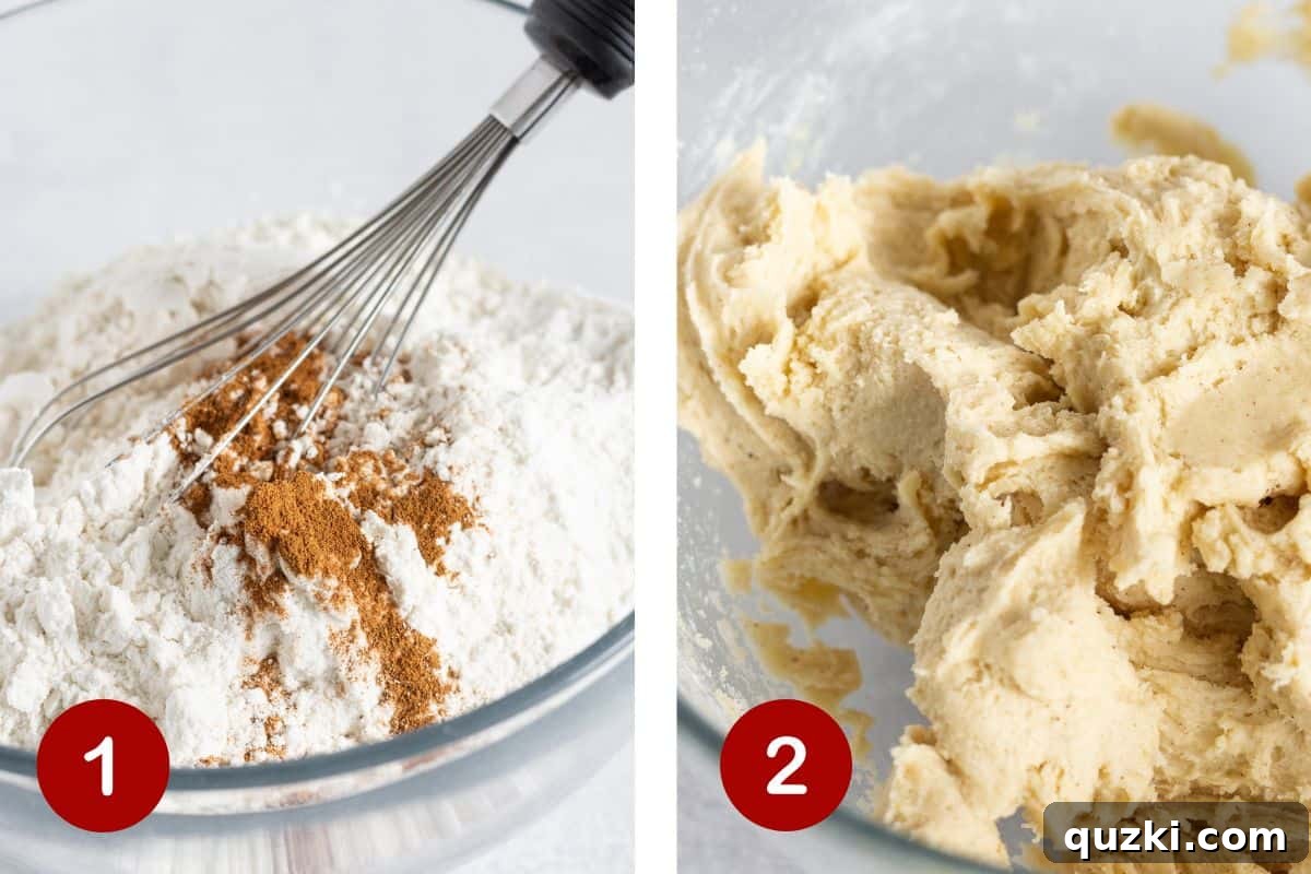 The process of mixing ingredients to create the churro cookie dough, showing a thick, uniform consistency.